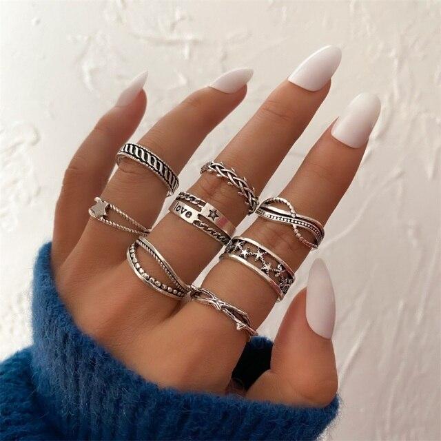 Anillo Geométrico Hueco Articulado Metálico Gótico 17KM para Mujer Anillo de Dedo con Forma de Sol y Hoja Plateado Vintage Accesorios de Joyería de Tendencia