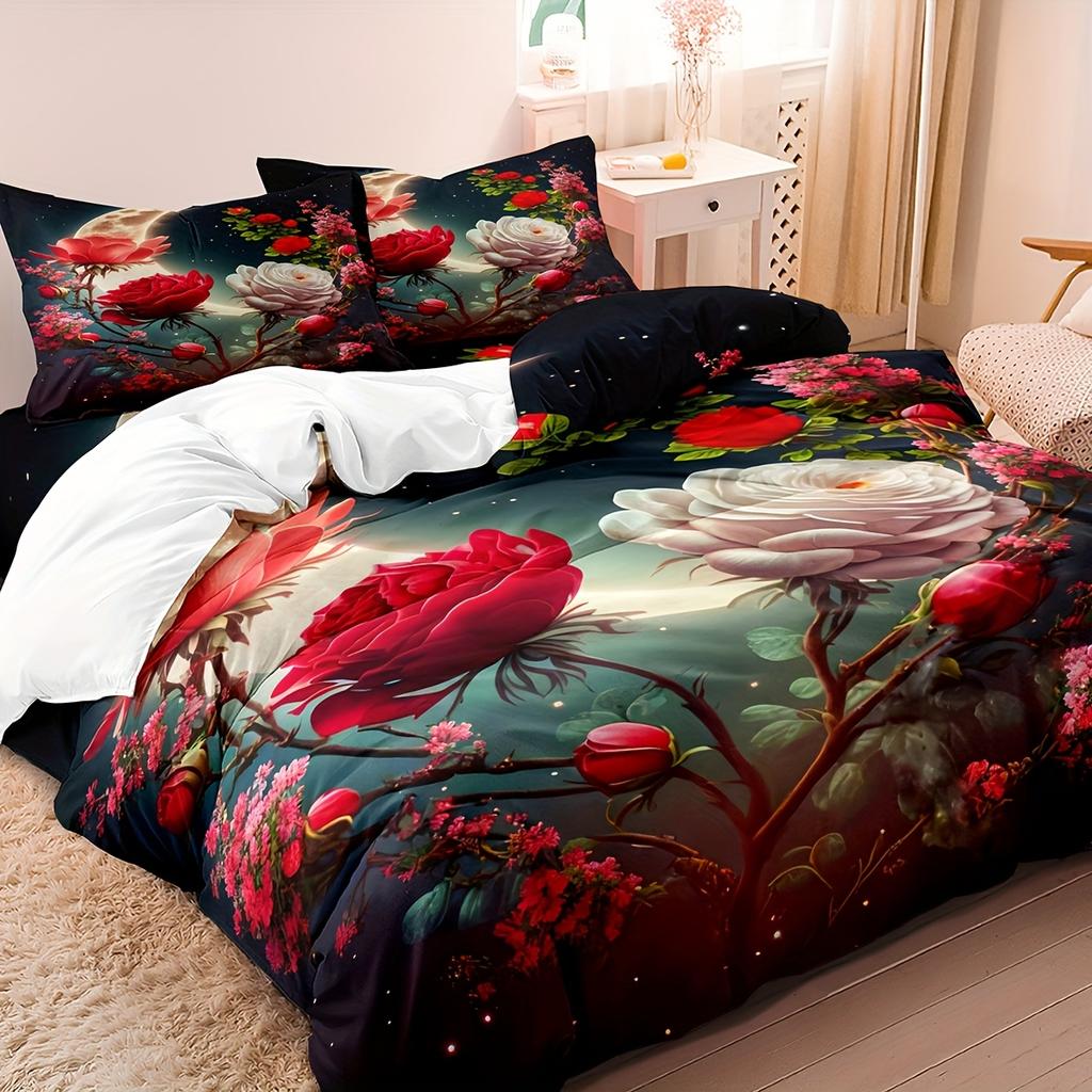 3pcs Bedding Se Rose Flower 3D Printed Duvet Cover Set 3D Digital Printed Bedroom Soft and Comfortable Breathable Bedding Set