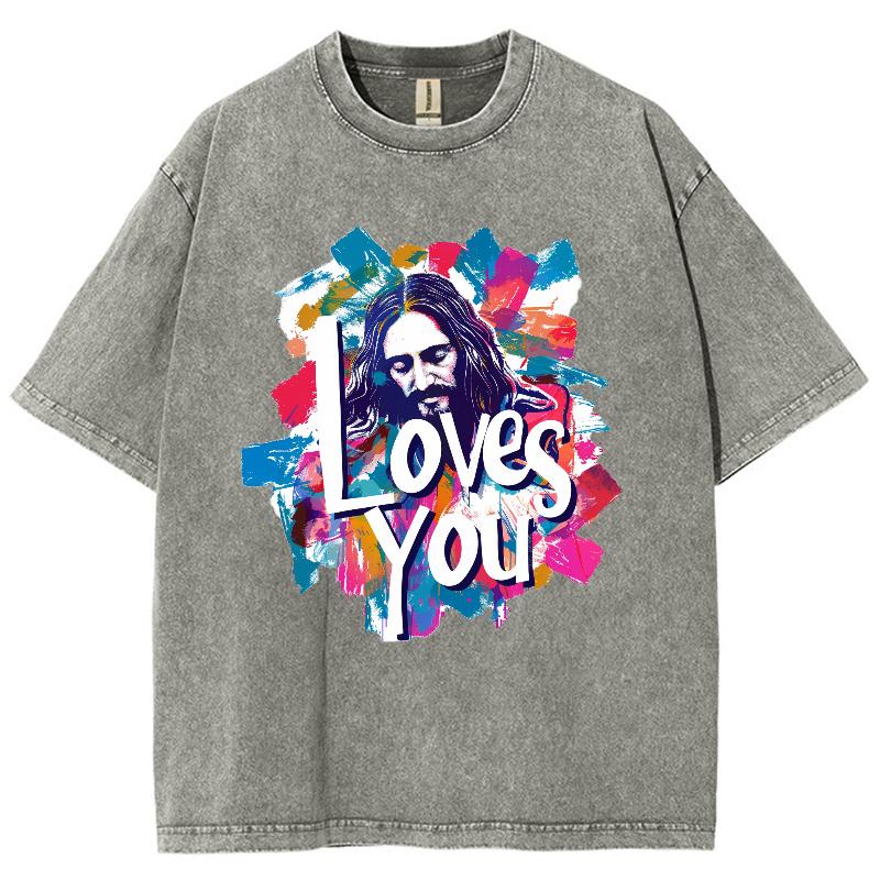 Loves You Letter Portrait Print Women's T-Shirt Washed Oversized Loose Mid Sleeve High Street Short Sleeve