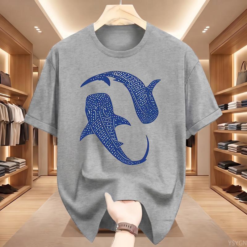 Men'S Print T-Shirt  Double Whale Totem Print Blue And White Contrast Design Casual Breathable