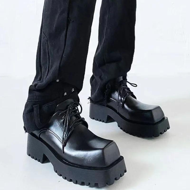 Black Large Square Toe Thick-Soled Chelsea Boots For Men In Autumn And Winter Men And Women New Leather Short Boots