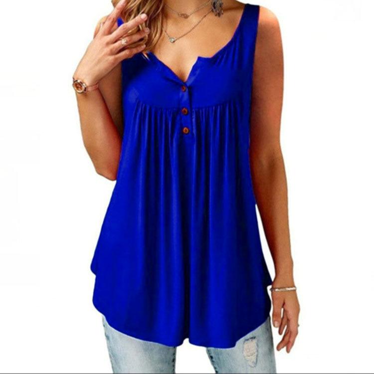 Summer 2020 Women's Solid Color Ruched Sleeveless Casual Mid-Length Button Vest T-Shirt