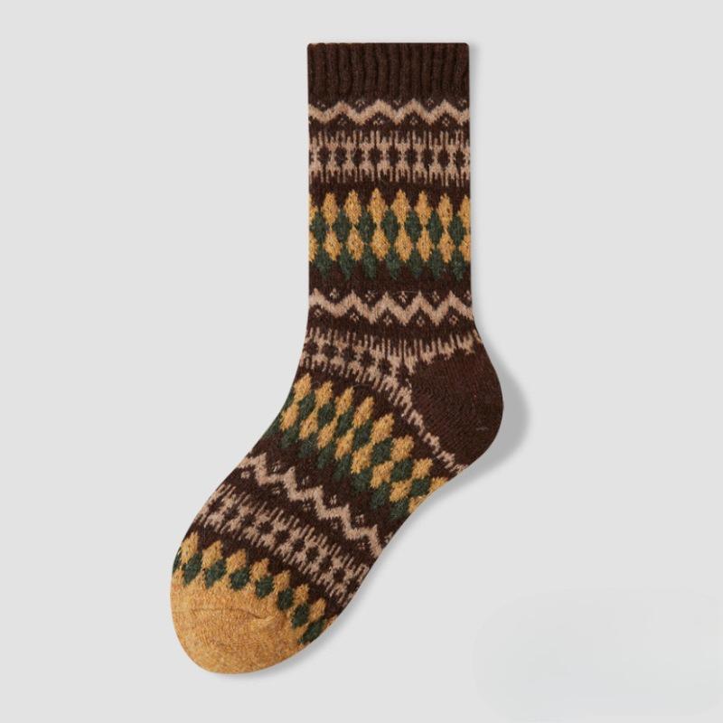 Wool Socks - Children's Vintage Fair Isle Ethnic Style Mid-length Socks for Winter, Thick and Warm Pile Socks