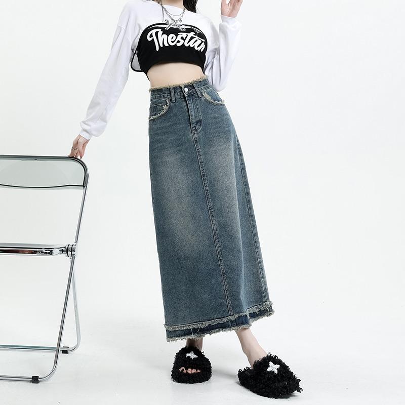 Raw Edge A-Linien-Rock Jeansrock Bustierrock Damen Sommer Retro Hohe Taille Paket Hüftrock In Der Langen Sektion Mode Jeans-Bustierrock