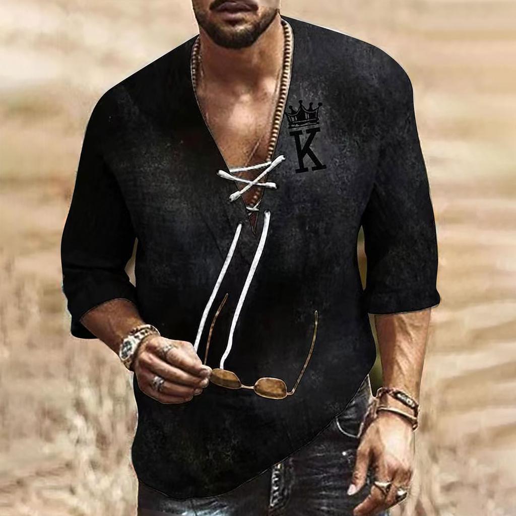 Camisas holgadas con estampado de cuello en V y lino de algodón de media manga corta para hombre