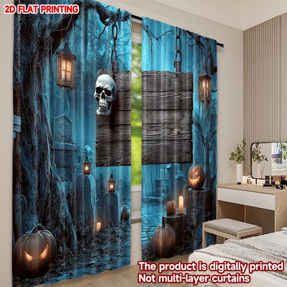 2D flat printing 2pcs Drapes Halloween Spooky Pumpkin Lanterns Digital Printed Polyester Drapes Birthday Party for Indoor