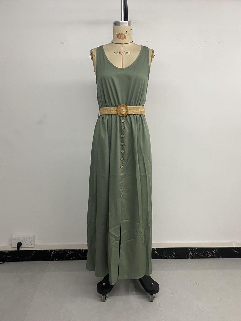 Casual Sleeveless Summer Vacation Dress with Belt and Slit - 2025 European & American Style