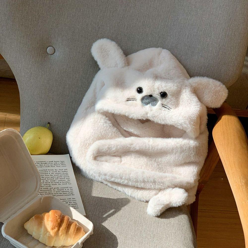 Cute Seal Plush Hooded Scarf 3 in 1 Ear Protection Hat Simple Earflap Hat Streetwear