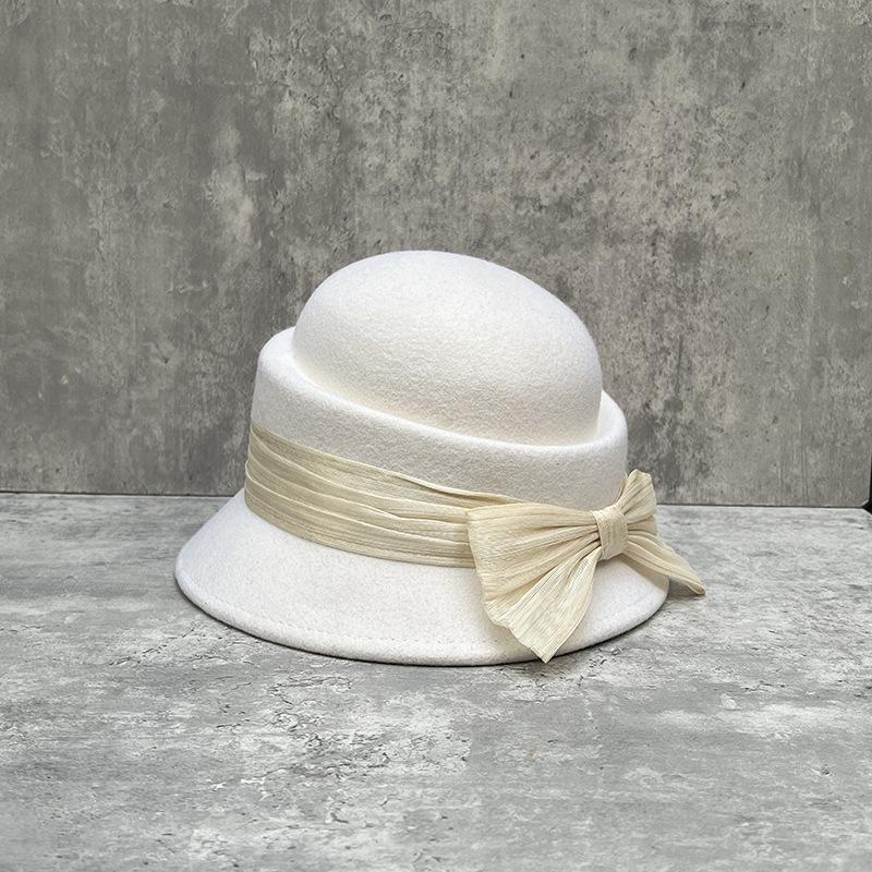 French Celebrity Retro Hepburn Style Silk Hemp Big Bow Woolen Basin Hat Female Convex Top Elegant Top Hat Autumn And Winter