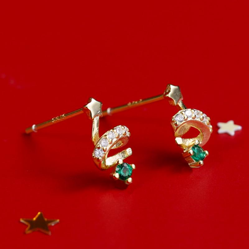 

Banyan Tree S925 Silver Christmas Tree Earrings: Retro Green Diamond Star Design for Women and Girls 925 Silver золотой