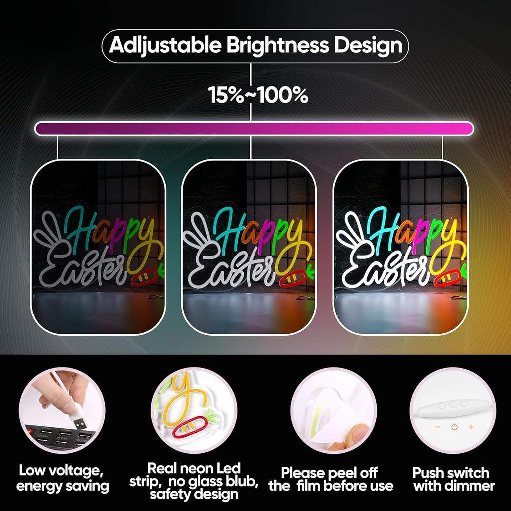 Happy Easter Neon Sign Easter Bunny Neon Light for Wall Decor, USB Powered & Dimmable LED Easter Window Lights for Kids Gifts Bedroom Party