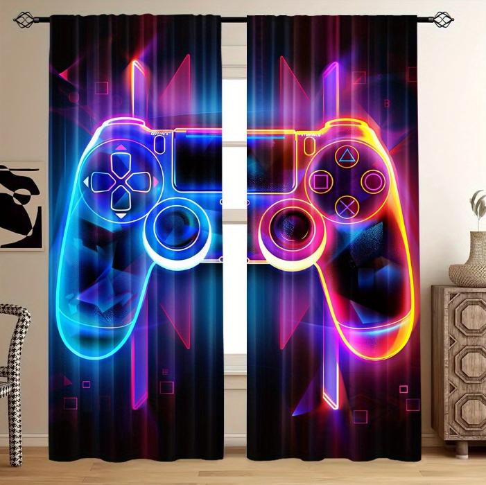 

2PC Neon Glow Gaming Controller Curtains - Futuristic Colorful Print Window Drapes for Boys Bedroom Game Room Decor 24x59in(60x150CM)x2&Rod Pocket