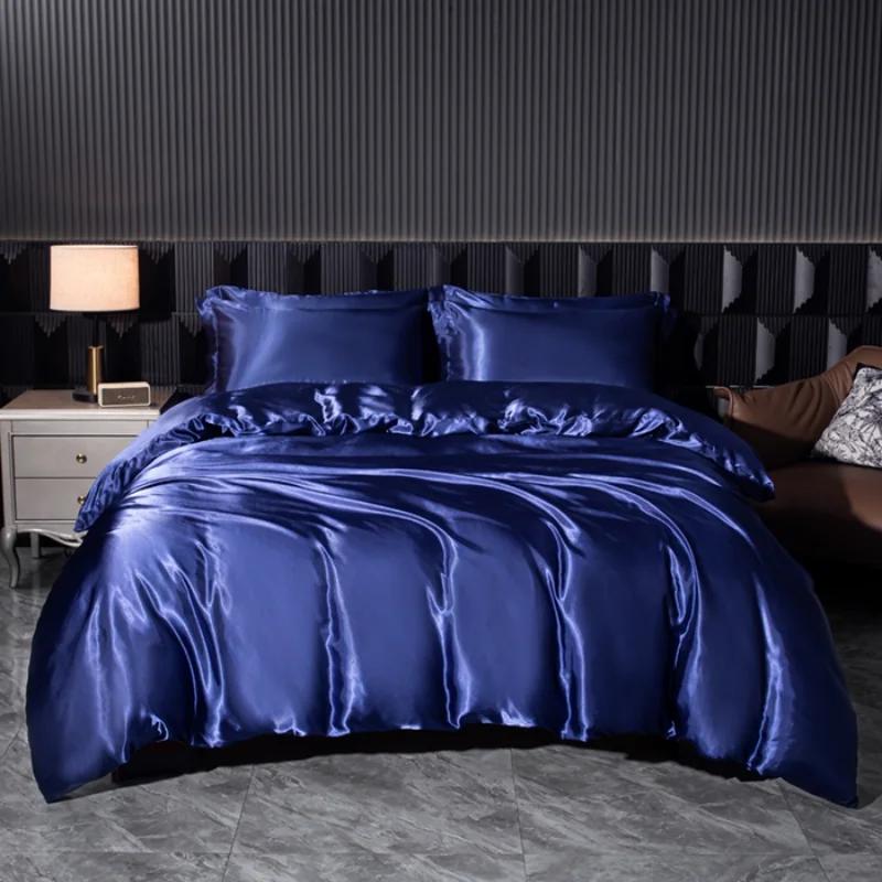 Solid Silk Bedding Set with Duvet Cover Bed Sheet Pillowcases Luxury Satin Single Double Bedsheet King Queen Twin Size