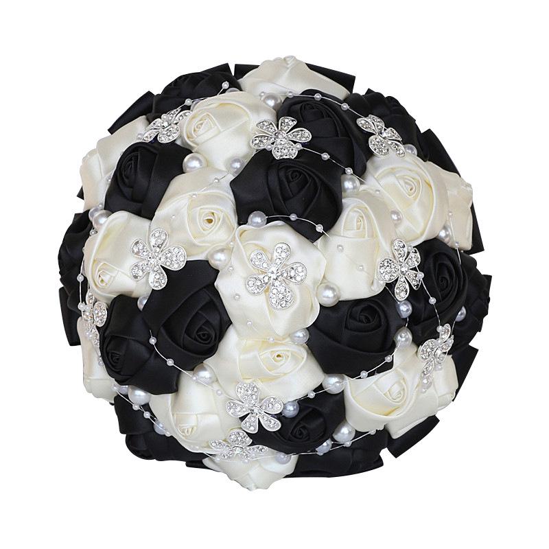 European & American Elegant Ribbon Flower Bridal Bouquet – Beaded Five-Flower Design