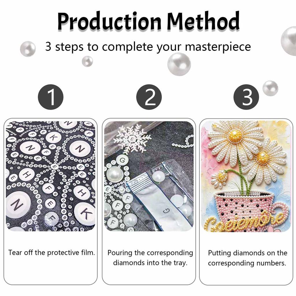 DIY Frameless Pearl Painting Kit Daisy Flowers in Teacup Design 3D Shiny Bead Art Canvas Relaxing Craft for Home Wall Decor Birthday Gift