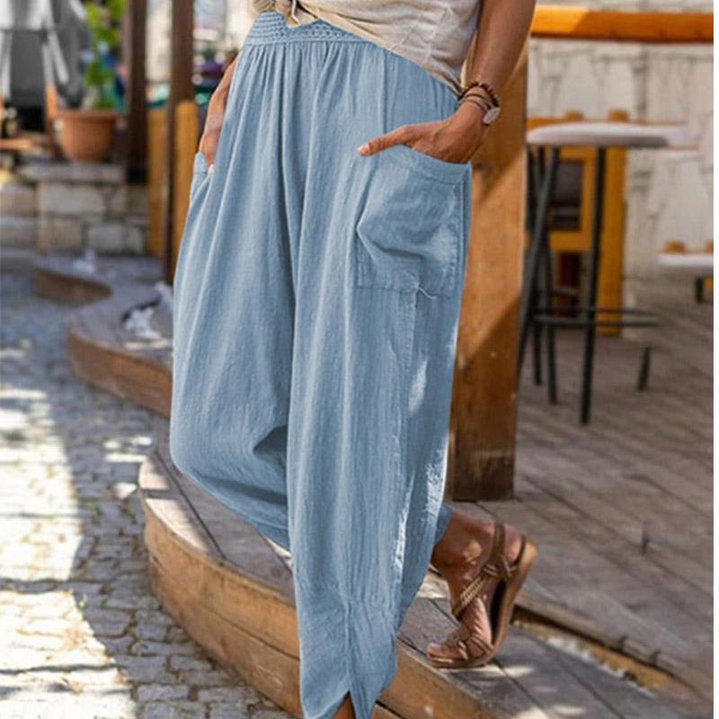 Summer New Casual Fashion Solid Linen Harem Pants Women Loose Pocket Wide Leg Radish Ankle-length Trousers Female Bloomers