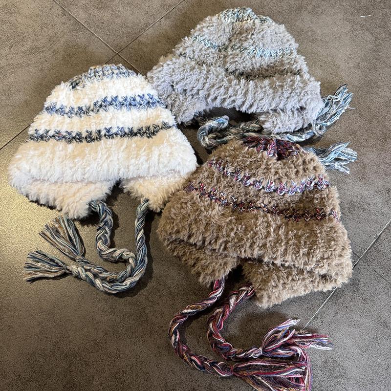 Hat Plush Winter With Color Blocking And Big Head Circumference Design For Daily