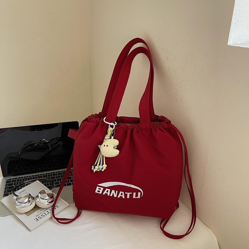 Large Capacity Bag Women's Shoulder Bag Drawstring Design Tote Bag Casual Nylon Cloth Bag Vacation Travel Portable Bag