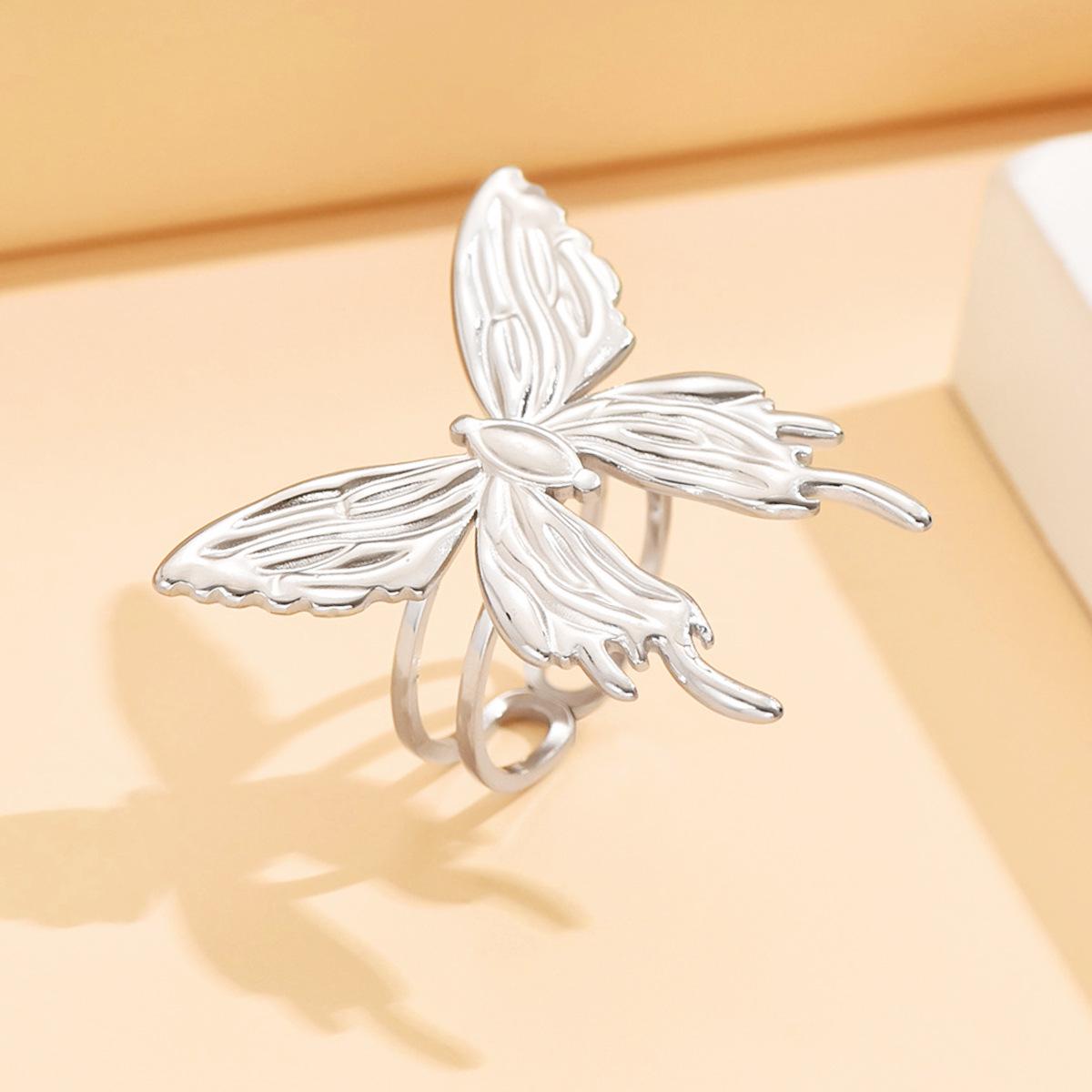 Adjustable Gold Butterfly Ring - Fresh Forest Texture Versatile Design in Stainless Steel