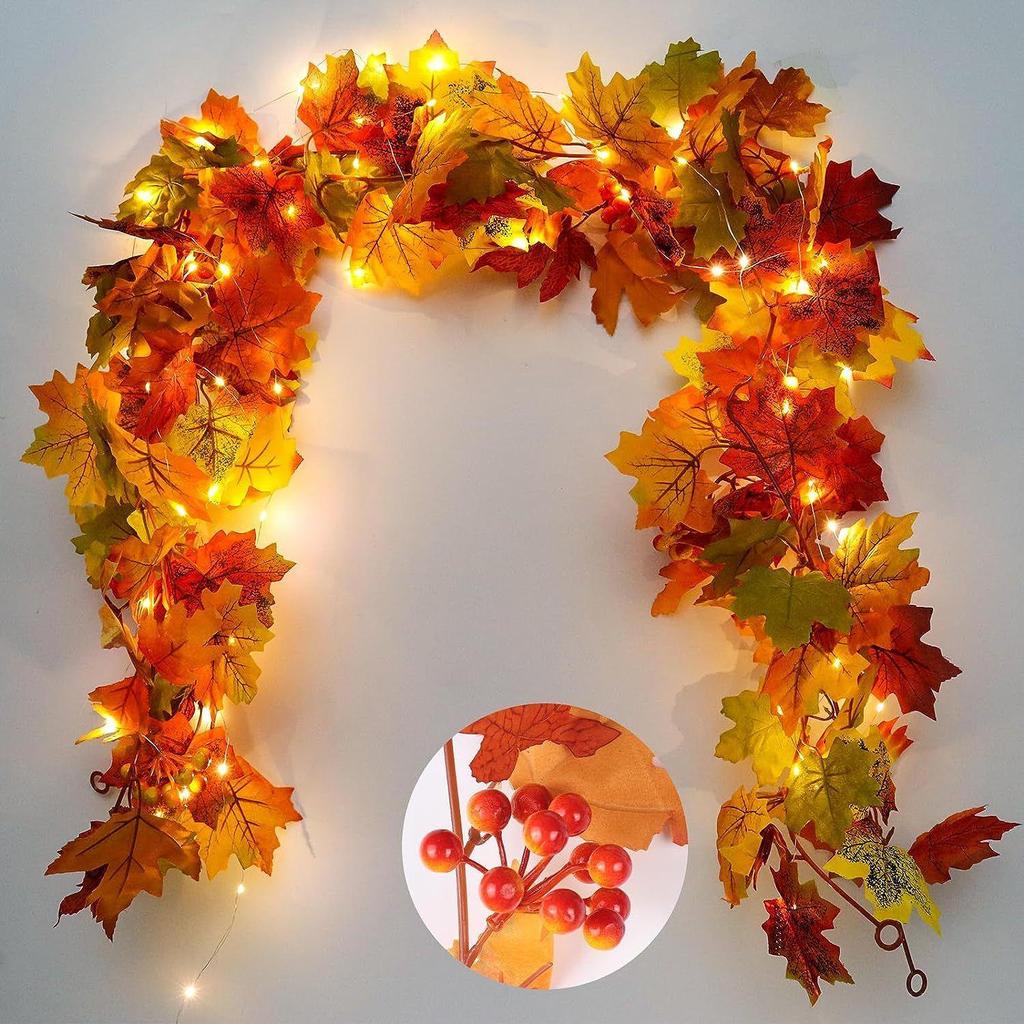 Autumn Fall Leaves Garland with LED Vines Artificial Fake Plants Garland for Thanksgiving Halloween Festivals Wedding Decoration