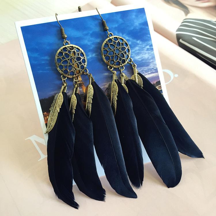Bohemian vacation wind dream catcher element feather earrings fashion personality elegant fringed long earrings