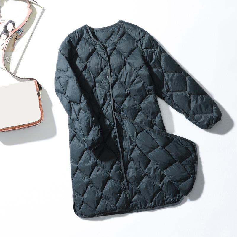 Women White Down Long Jacket V Neck Collar Casual Autumn Winter Outwear Coat Fashion
