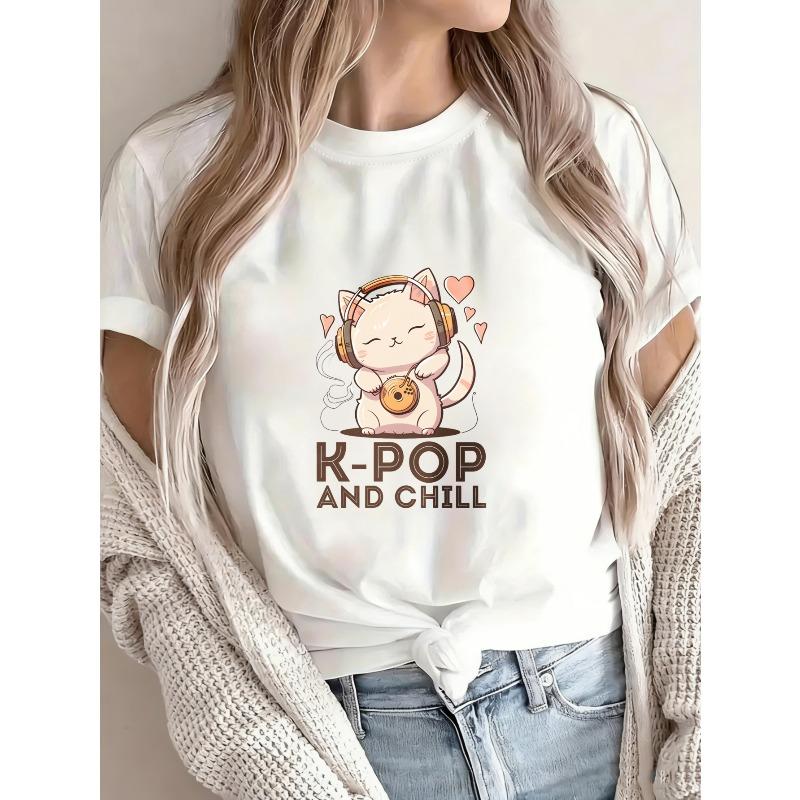Camiseta Gráfica Linda de Gato K Pop And Chill Blanca Gato de Dibujos Animados Con Auriculares y Estampado de Rosquilla Para Ropa Casual y Amantes de la Música