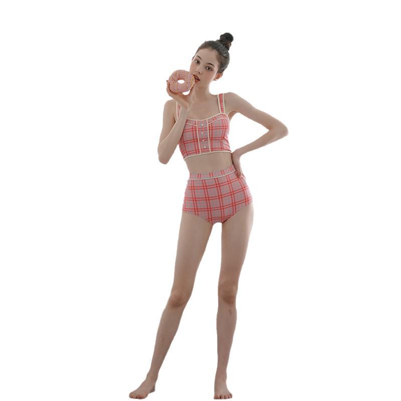 2025 Korean Style Plaid High Waist Slimming Bikini for Girls