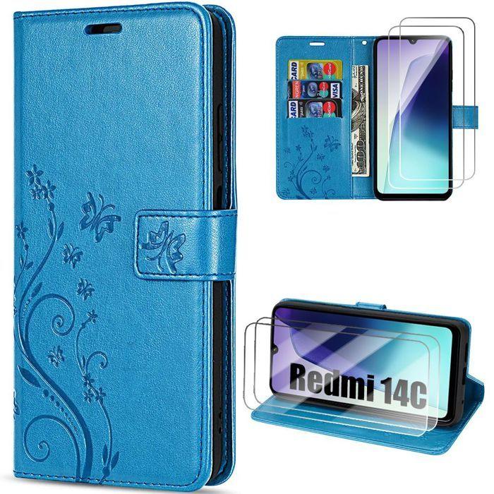 Coque et Verres Trempés Pour Xiaomi Redmi 14C - Protection Antichoc - Motif Floral - Synthétique Bleu