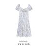 Kaslead New Women Clothes Western Style Waist Hugging Blue and White Porcelain Print Bandage Split Short Sleeve Dress Long Dress