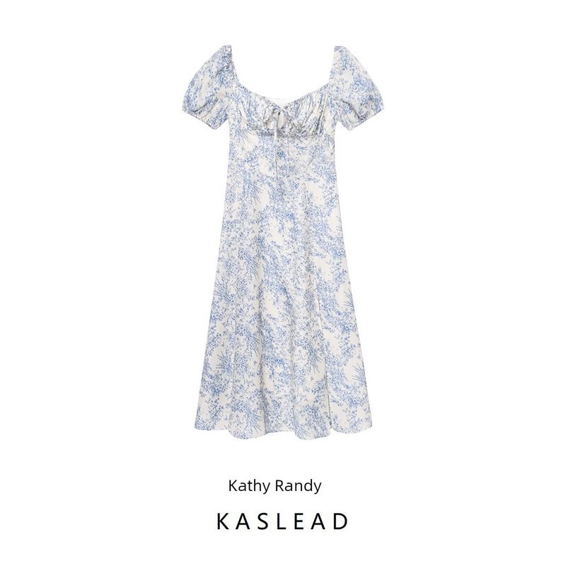 Kaslead New Women Clothes Western Style Waist Hugging Blue and White Porcelain Print Bandage Split Short Sleeve Dress Long Dress