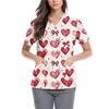 Women's Cute Bow Printed Work Clothes V-neck Double Layer Pockets Basic Short Sleeve Top Pullover