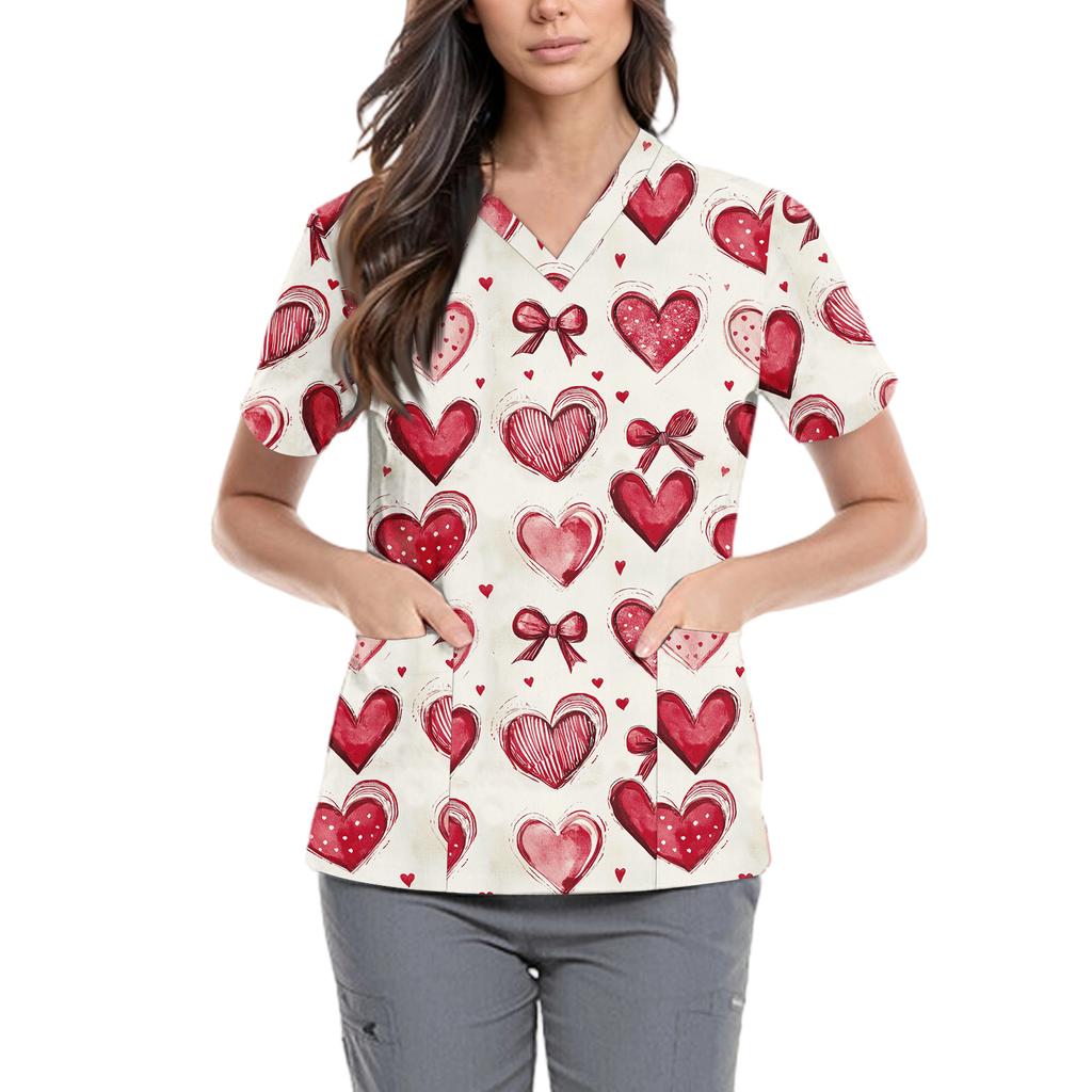 Women's Cute Bow Printed Work Clothes V-neck Double Layer Pockets Basic Short Sleeve Top Pullover