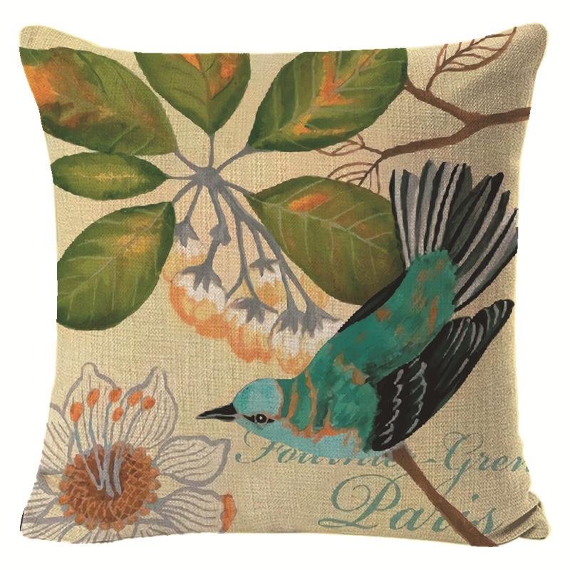 Village Style Rural Flower And Bird Sofa Pillow Cover Linen Spring Cushion Cover Car Waist Backrest Cover