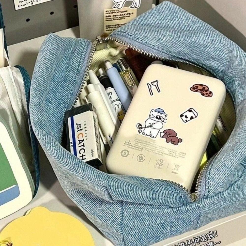 Solid Color Blue Denim Makeup Bag Korean Style Stationery Storage Bag Student Pencil Bag  for Women