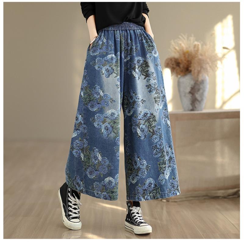 DIMANAF Plus Size Autumn 2025 Jeans New Long Pants Women Loose Denim Trousers Big Size Casual Floral Print