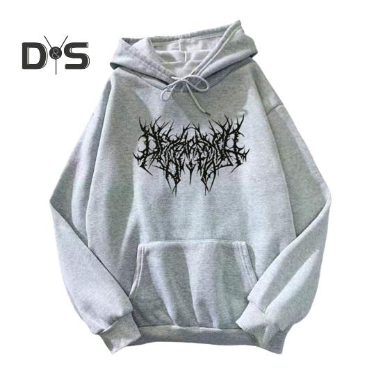 Fall Winter Unisex Hoodie Drawstring Elastic Cuff Thorn Print Thick Fleece Patch Pocket Loose Long Sleeves Pullover Warm Top