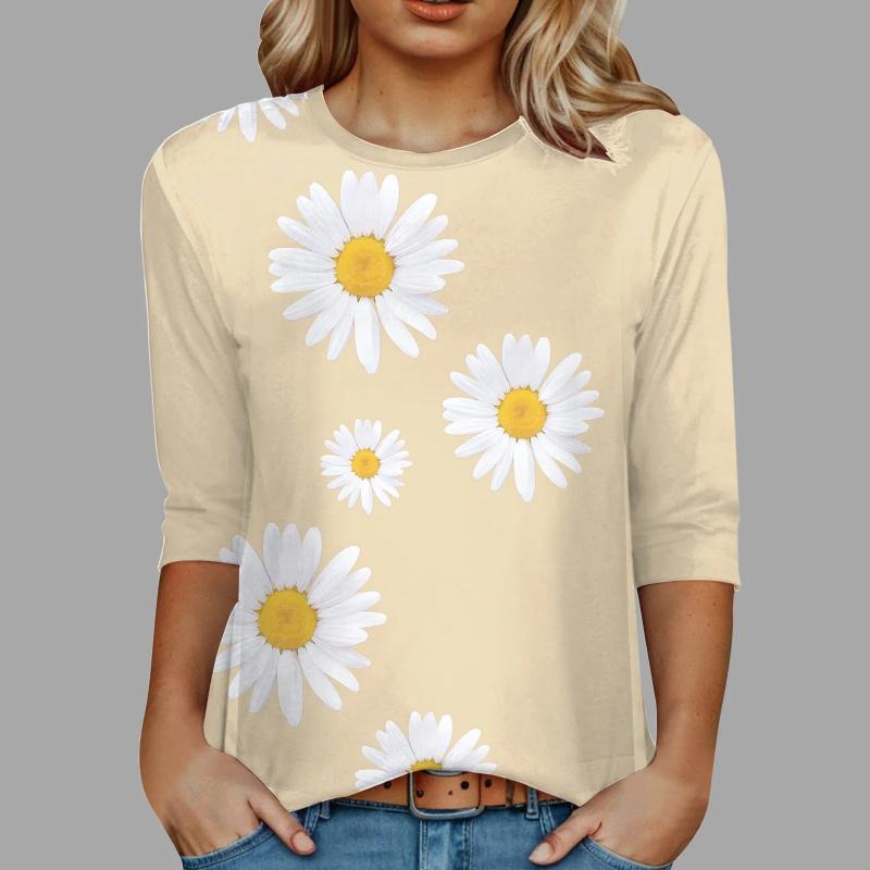 Women Fashion Sunflower Print Crew Neck T Shirt 3/4 Sleeve Wide Print Crew Neck Shirt T Shirts Women