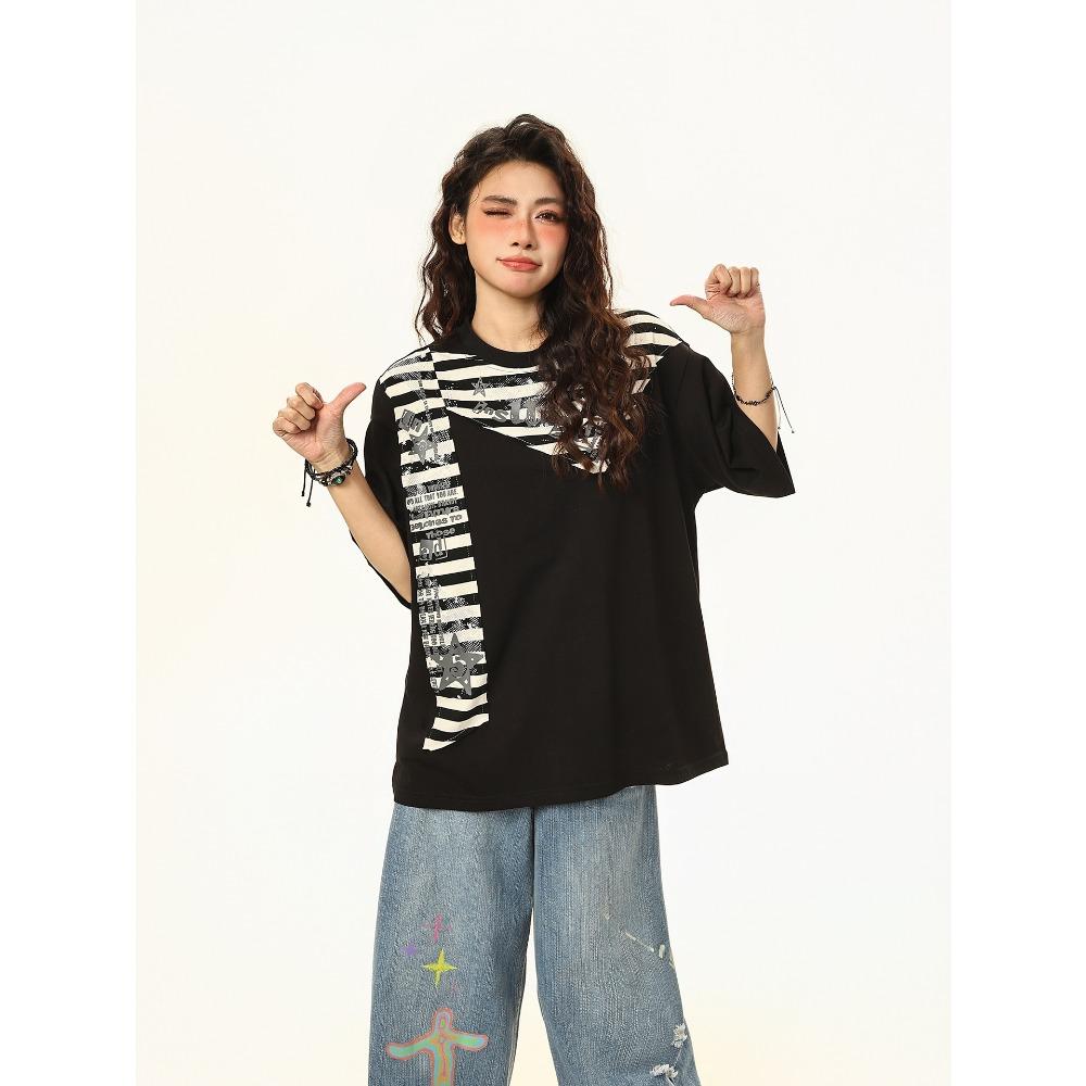 Women s Round Neck Short-Sleeve T-Shirt with Vintage Striped Print Splicing, Loose Summer Top S