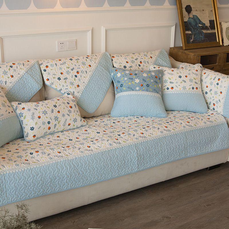 

Washed Pure Cotton All Year Round Neutral Small Floral Sofa Cushion American Idyllic Anti-Skid Fabric Cushion Sofa Cover Cover Cloth Floating, White 70*70cm