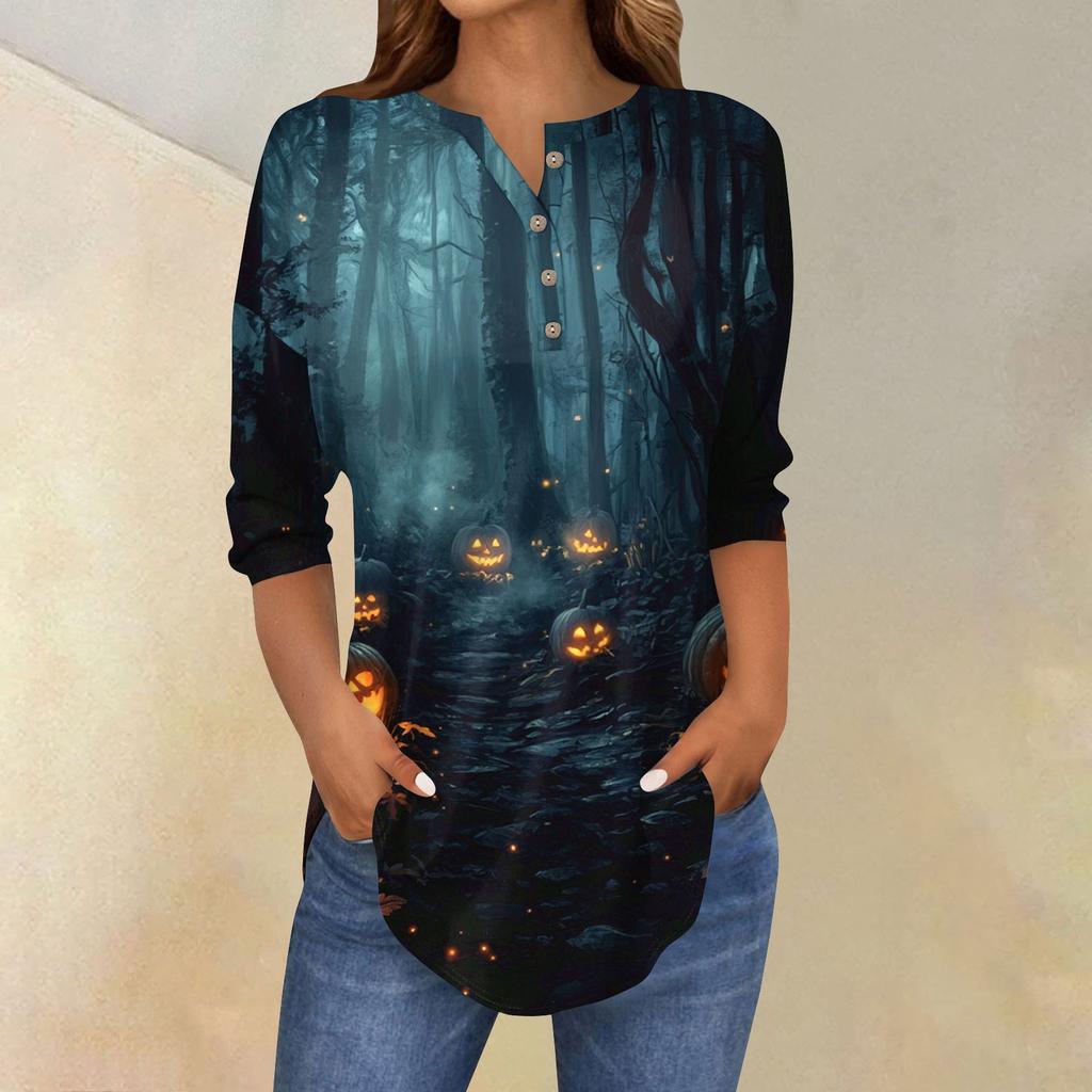 Women's Fashion Loose Button Collar Halloween Print Long Sleeve T-Shirt Top Pullover