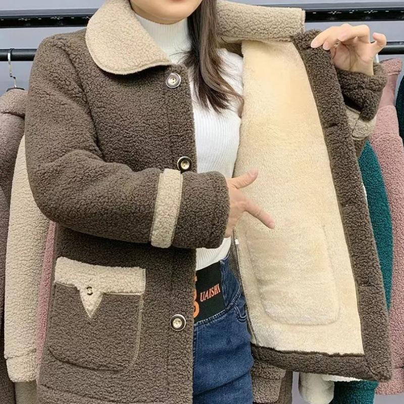 Jehněčí fleecová bunda Podzimní a zimní Modely Plus Sametová zhušťovací bunda s mateřským kožíškem Dámská Středně dlouhá