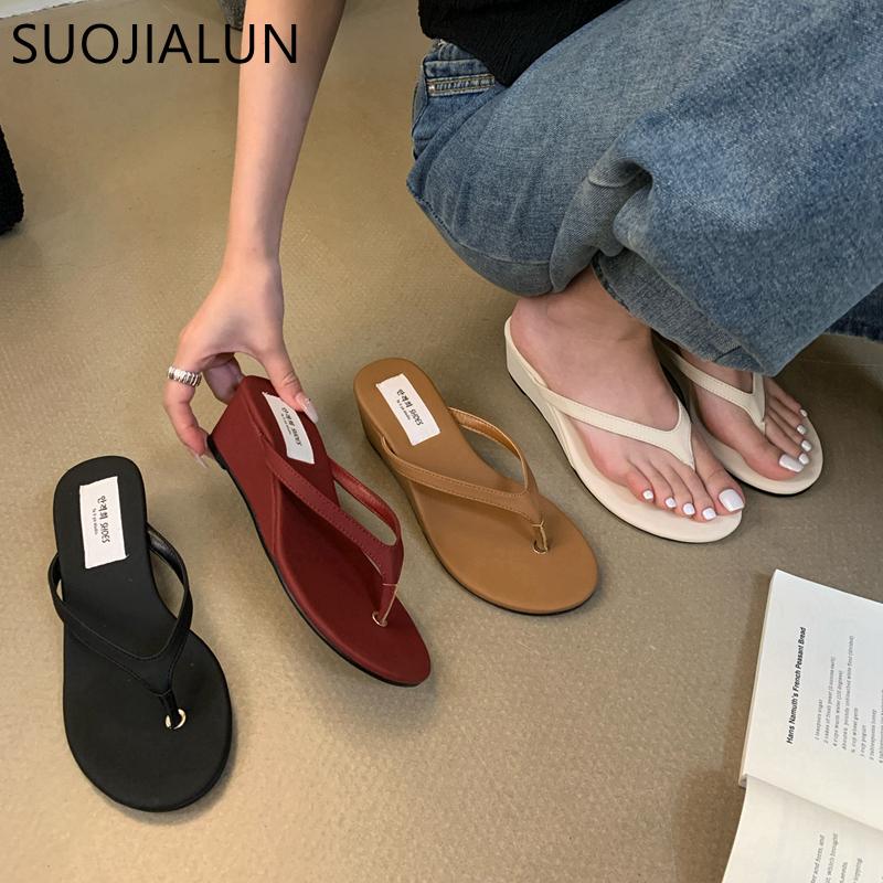 Fashion SUOJIALUN 2024 Summer New Women Slipper Fashion Low Weadge Heel Ladies Elegant Flip Flops Shoes Outdoor Casual Beach Slides Shoe