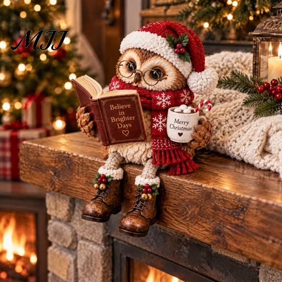 Whimsical Hanging Leg Owl Decor 2Pcs Reading Resin Figurines, Sitting Edge Bookshelf Statue with Glasses Cute Animal Statues for Mantel &