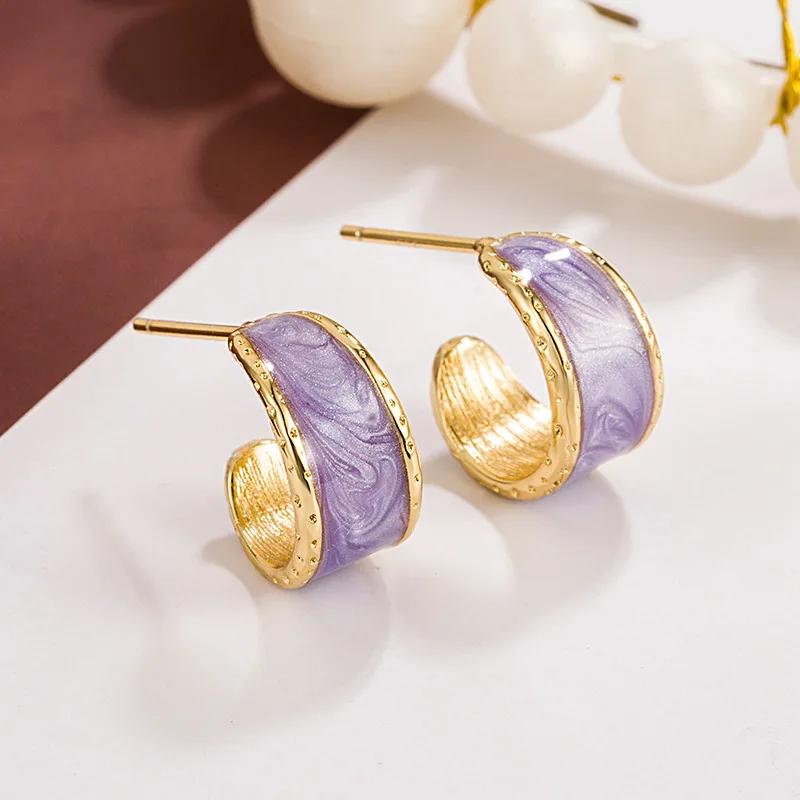 Purple Color C-SHAPE Geometry Exquisite Stud Earring for Women Simple Enamel Lavender Personality Zircon Christmas Girl Gift