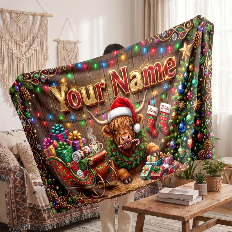 Christmas Custom Name Printed Flannel Blanket Warm Comfort Bed Throw Home Decor Holiday Gift