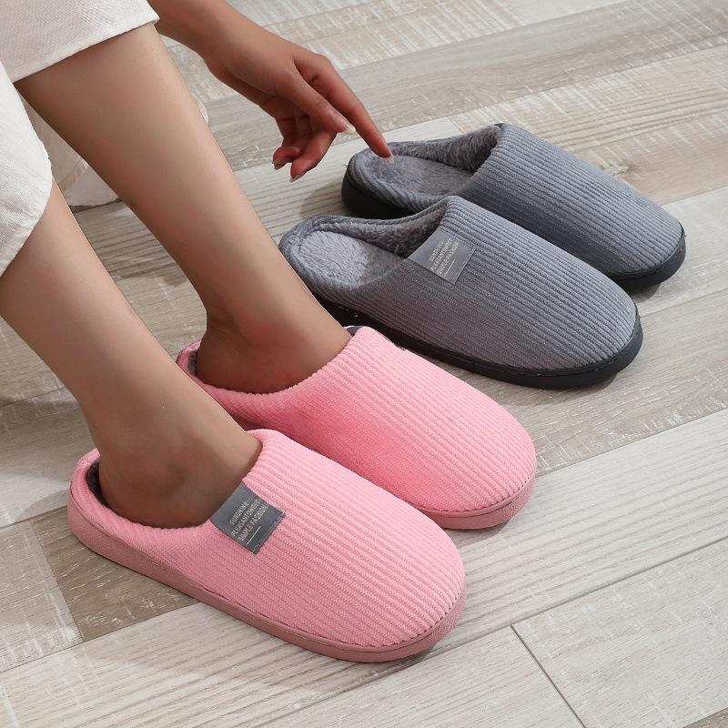 Classic side label corduroy cotton slippers couple solid color home indoor slippers simple home women's slippers