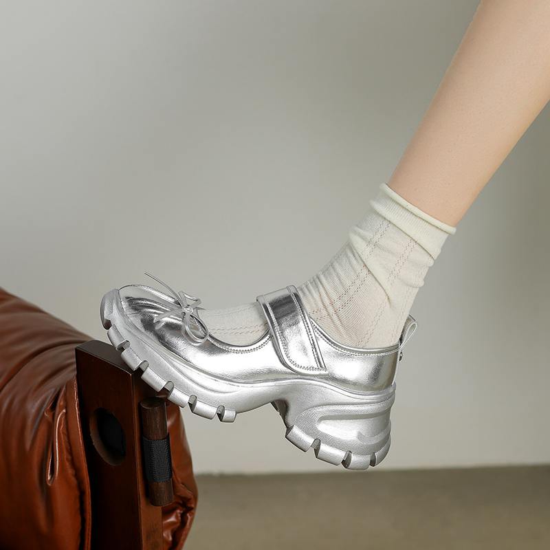 Krazing Pot Sheepskin Spring Autumn Summer Sneakers Platform Lace Up Silver Color Butterfly-knot Thick Bottom Women Fashion Shoes