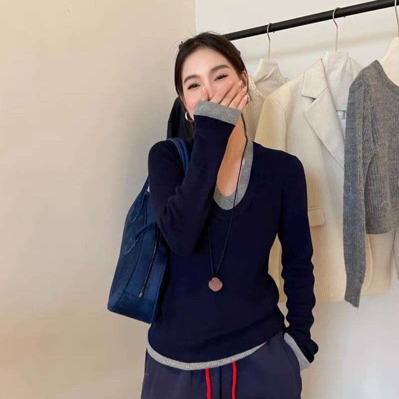Autumn/Winter Contrastive Color V-neck Long Sleeved Knitted Sweater with Inner Bottom Shirt Color Matching Soft and Comfortable Top Women's Wear