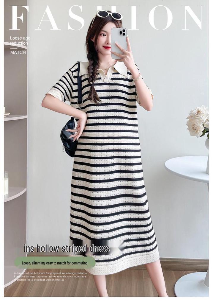 2026 Summer Striped Knit V-Neck Mid-Length Maternity Dress